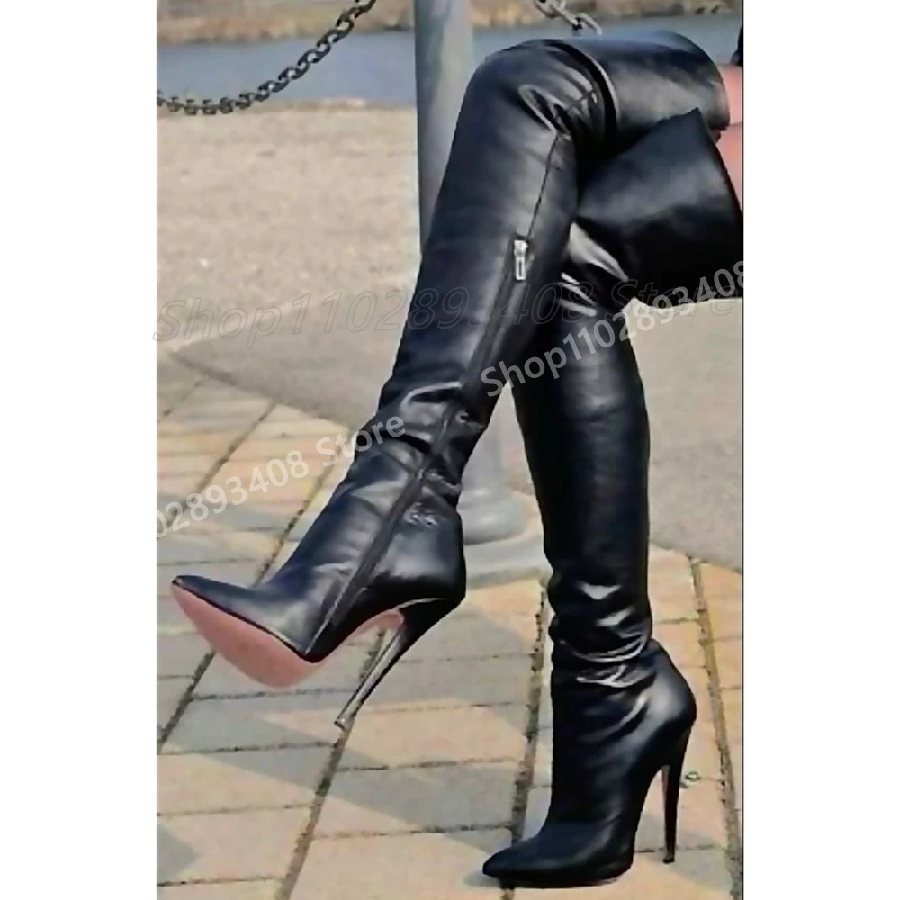 Botas Largas con cremallera lateral puntiaguda negra, tacón alto de aguja, cuero mate, moda concisa, zapatos sexis Para Mujer, otoño 2025