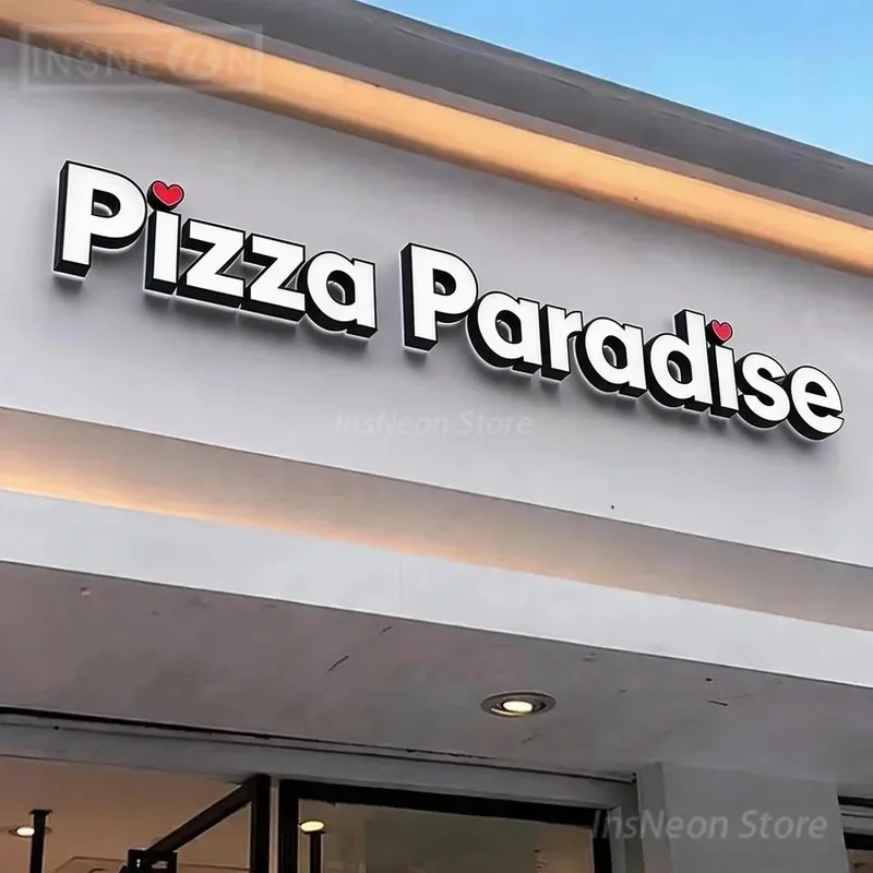 3D Metal Channel LED Wall Sign, Pizza Paradise Custom Logo Letters, Decorative Poster for Restaurant Business Advertising