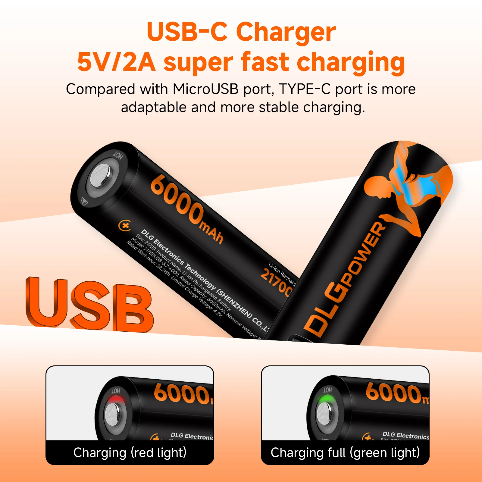DLGPOWER TYPE-C USB 6000mAh 21700 Battery 6000mah High Capacity Lithium Ion Rechargeable Battery for Flashlight Batteries