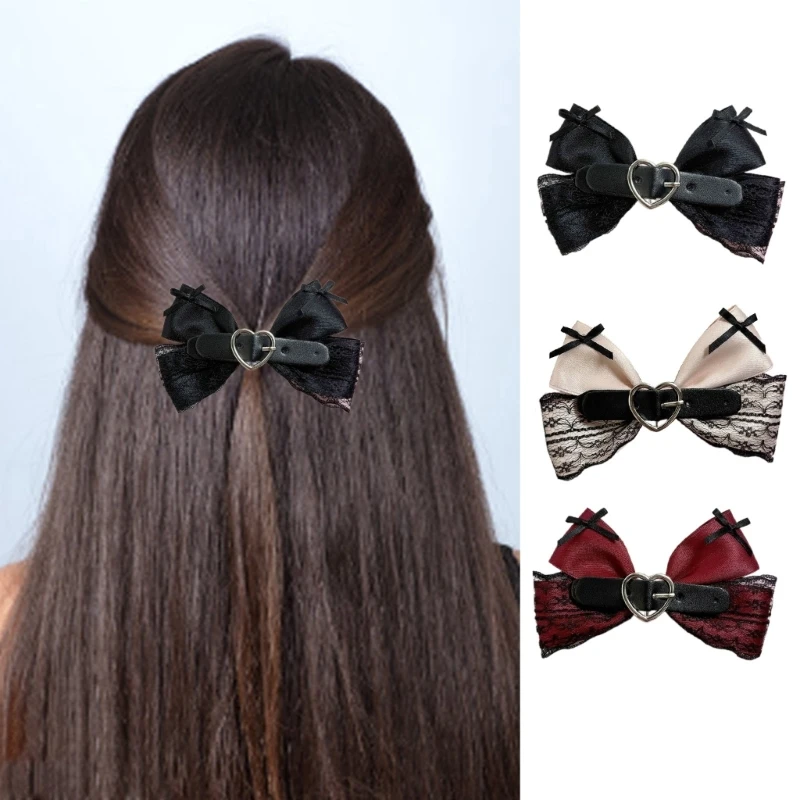 

Women Gothic Large Bow Flat Clip Hairpin Heart Belt Lace Balletcore Headwear Bunches Clip 2000s Girls Elegant Bowknot Hair Clip