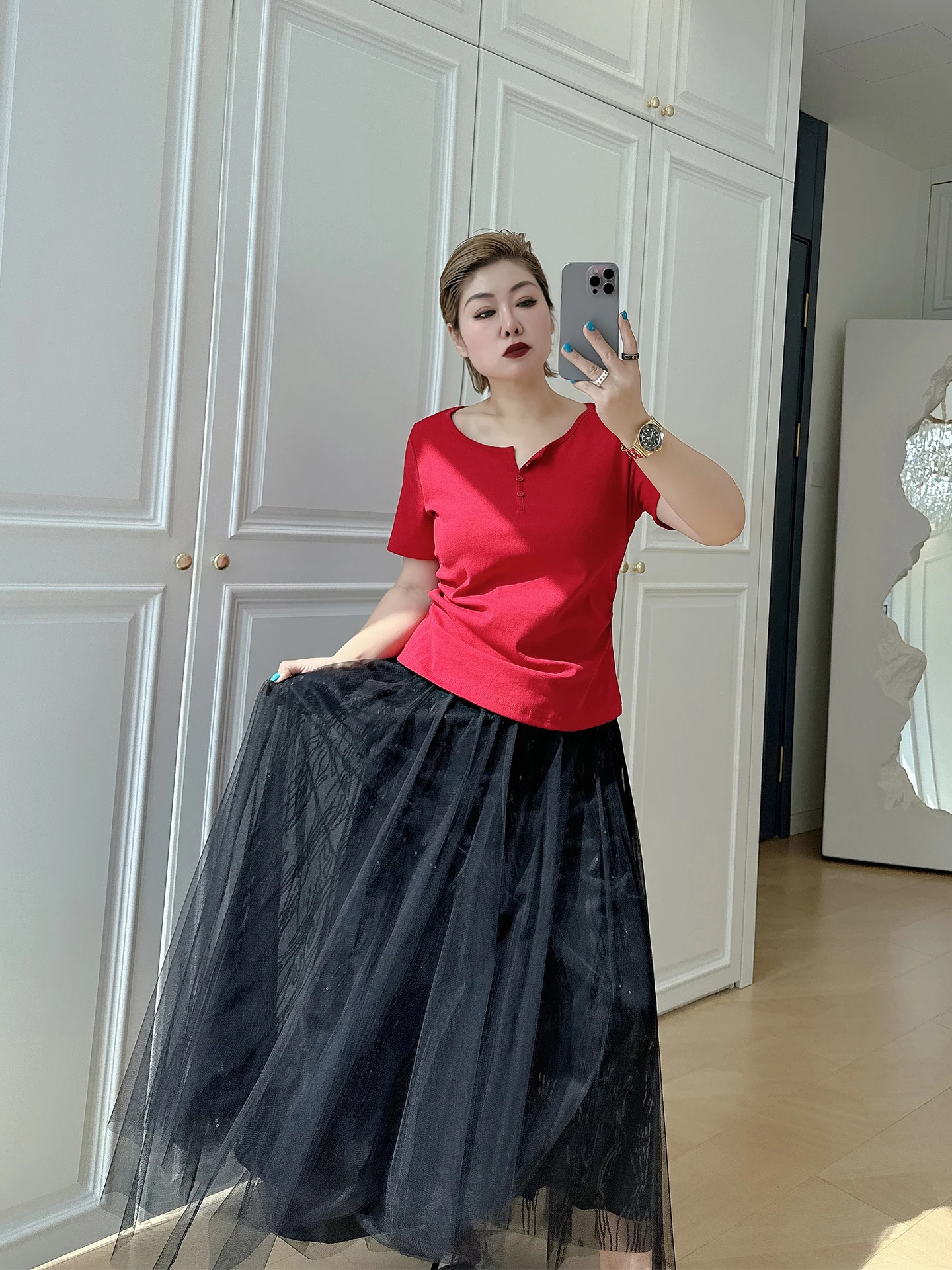 

Юбка-миди А-силуэта с высокой талией, пайетками и тюлем для женщин больших размеров, в корейском стиле, создающая объемный и пышный образ