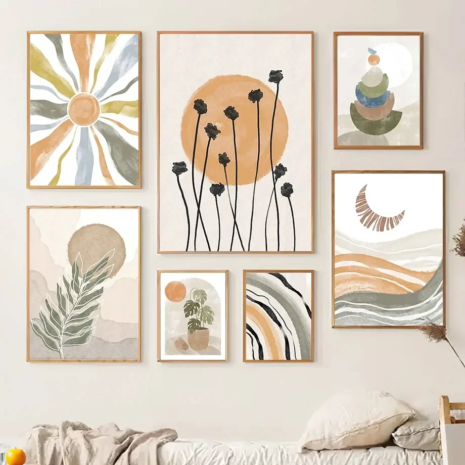 (No frame)Pósteres e impresiones de paisajes abstractos de flores y hojas de arcoíris de Bohemia, pintura en lienzo para deco
