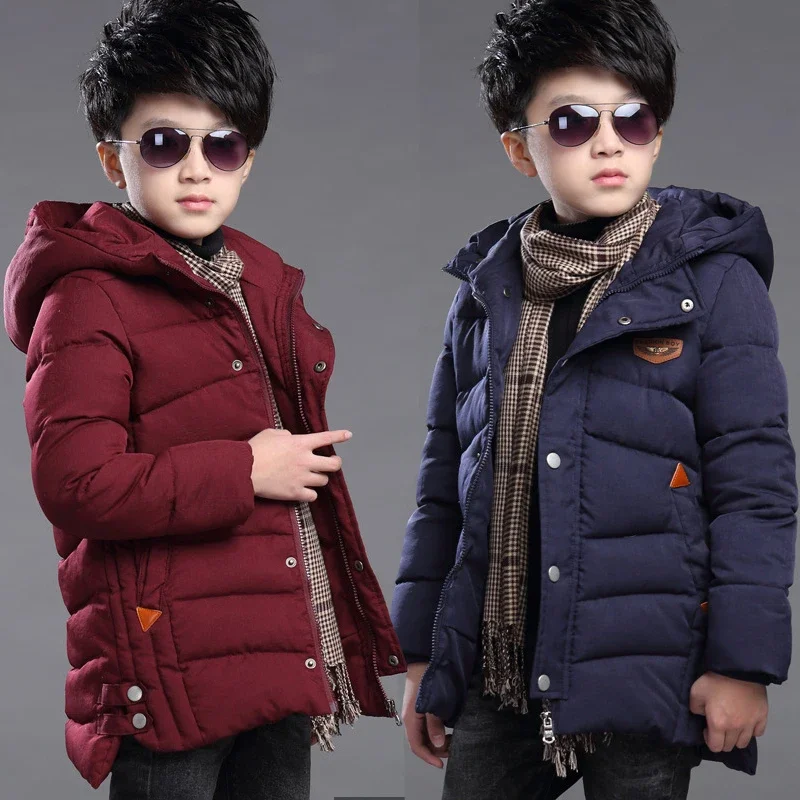 2024 New Winter Keep Warm Teenage Boys Jacket 3-14 Years Long Slim Fit Fashion Hooded Coat For Kids Children Outdoor Windbreaker