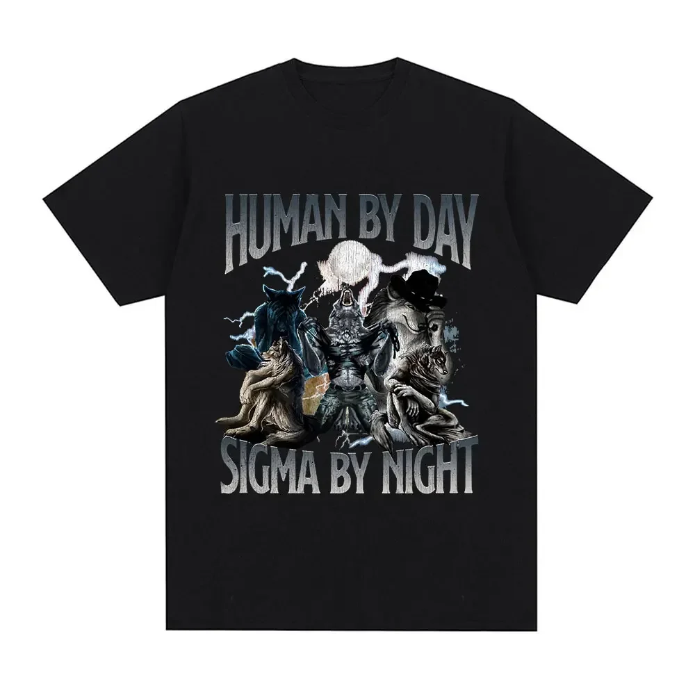 Summer Human day Sigma night Fun Wolf Graphic T-shirt Men's 100% cotton T-shirt Casual short sleeved oversized T-shirt Street