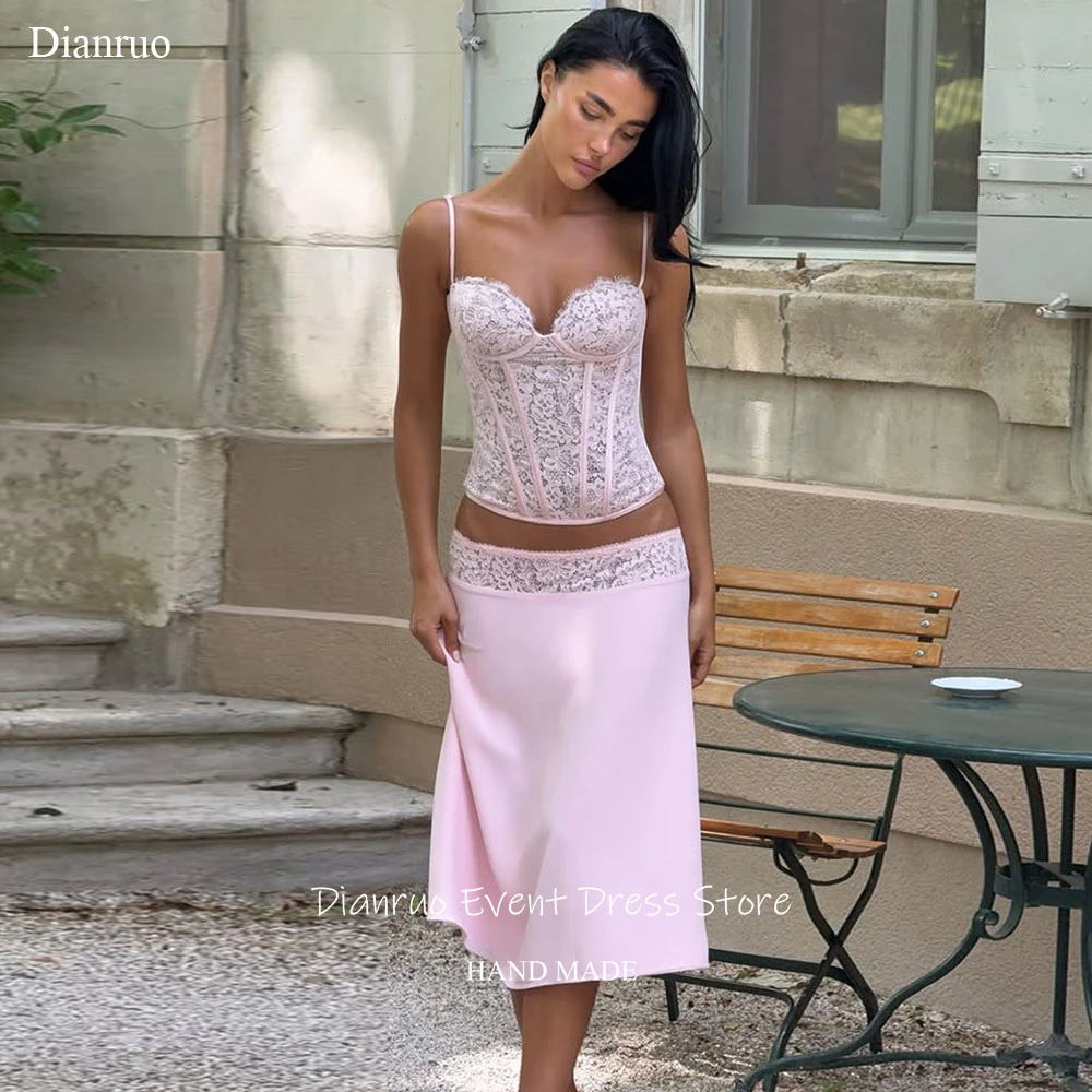 

Dianruo Pink Lace Prom Dresses Spaghetti Straps Vestido De Festa Elegante Feminino Luxo Sweetheart Robes De Cocktail Customized