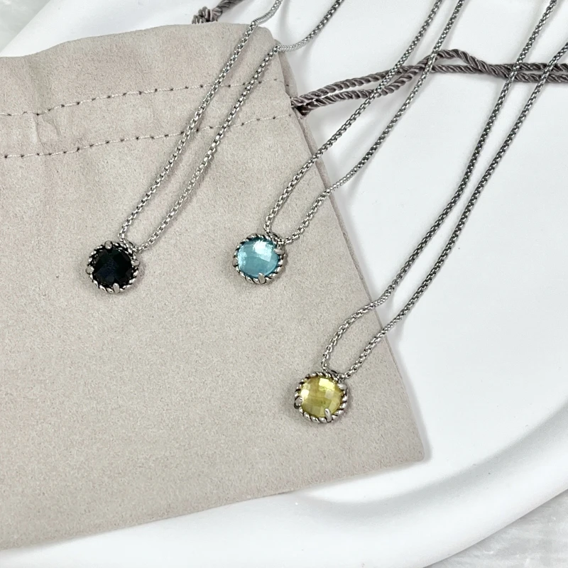 sterling silver with gold plated Luxury Women Necklace Cable Design   Blue Zircon Pendant Necklace Fashion Jewelry for Ladies