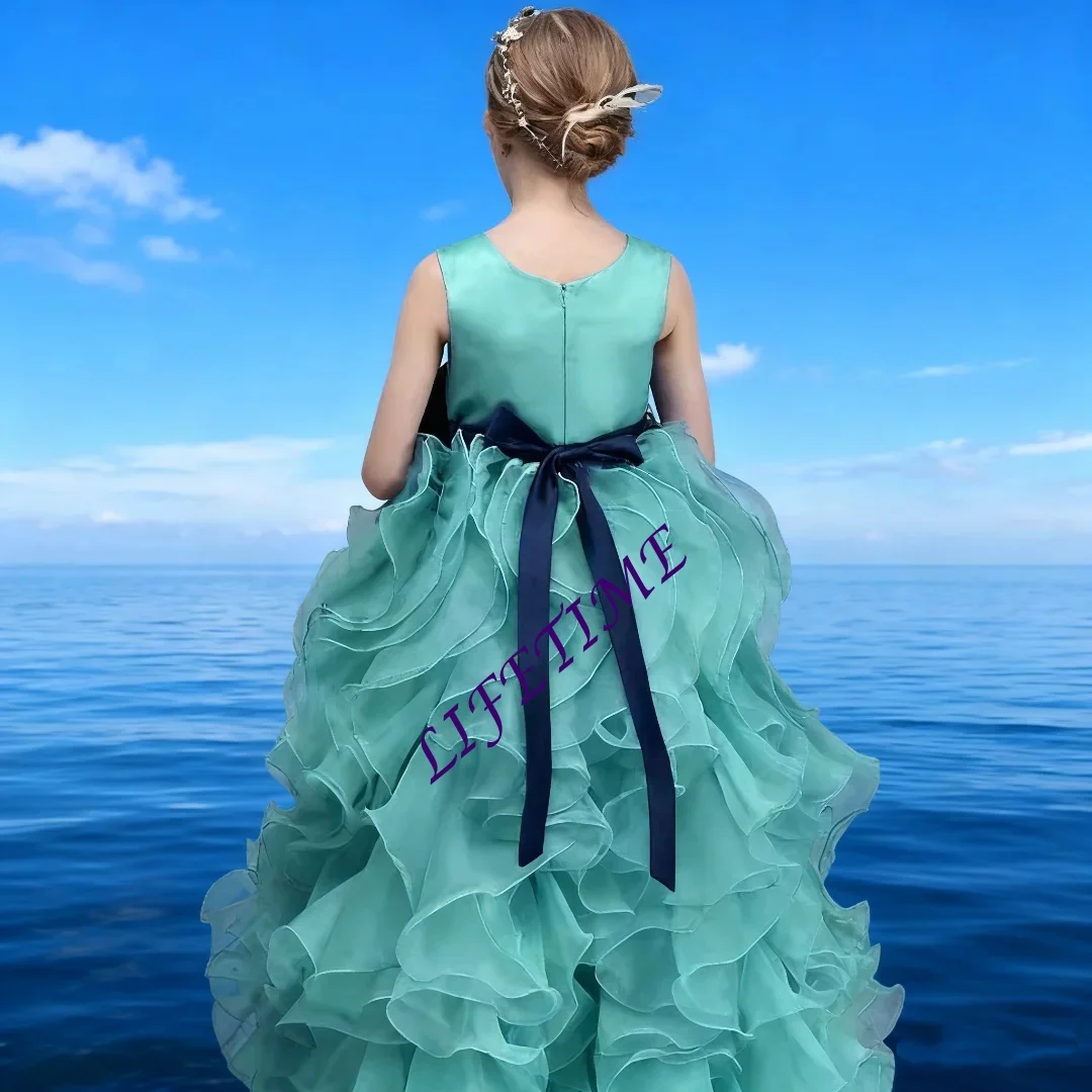 Customizable Multi-Layer Tulle Princess Dress for Girl Ankle-Length Evening Gown with Belt for Flower Girl Wedding