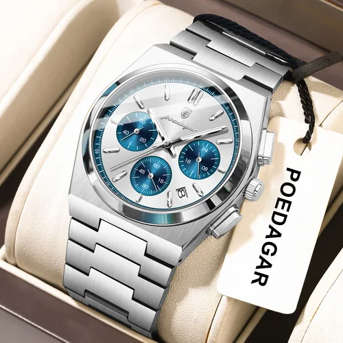POEDAGAR, reloj de pulsera para hombre a la moda, cronógrafo con fecha, reloj de negocios de acero inoxidable para hombre, relojes de cuarzo luminosos resistentes al agua para hombre