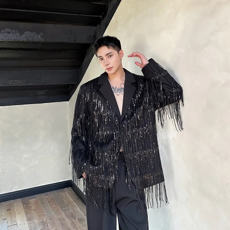 

Ретро-костюм с бахромой и пайетками, двухслойный, с отложным воротником, модный уличный стиль, для выступлений на сцене