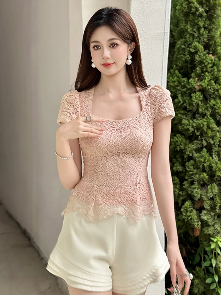 

Women Clothes Sweet Pink Lace Short Sleeve Shirt Elegant Lady Square Neck Slim Short Tops Blouse Pullover Jumper Fashion Summer