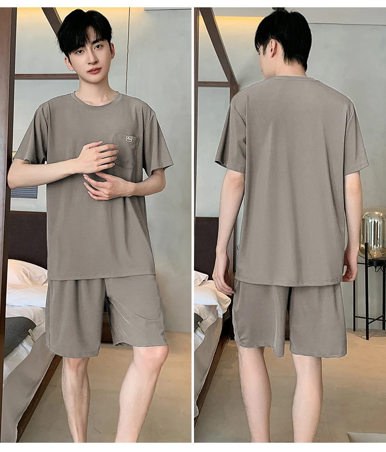Sommerliches neues Herren-Pyjama-Set, kurzärmeliges Homewear-Set für Herren, einfarbig, lässiges Pyjama-Set für Teenager und Studenten. – Detail 3