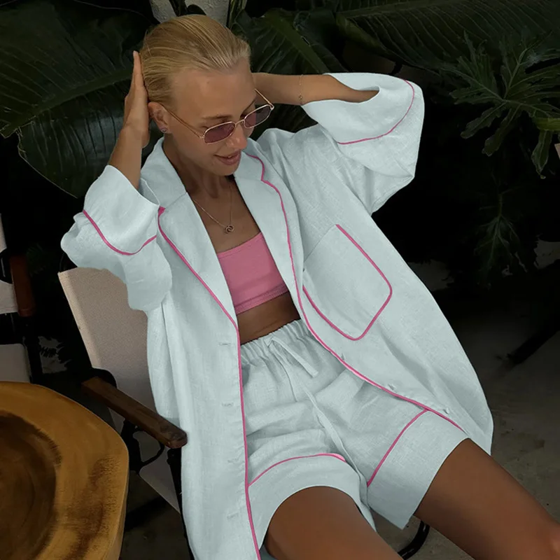 

TARUXY Cotton Contrast Color Casual Set Female Loose Lapel Long Sleeve Top Shorts Autumn New Shorts Two Piece Set Female Fashion