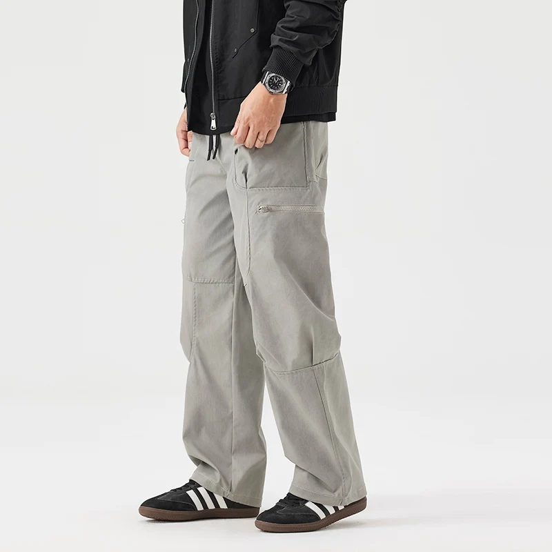 2026 Spring Autumn New Loose Cargo Multi-pockets Straight Pants for Men Clothing Drawstring Comfort Male Trouser