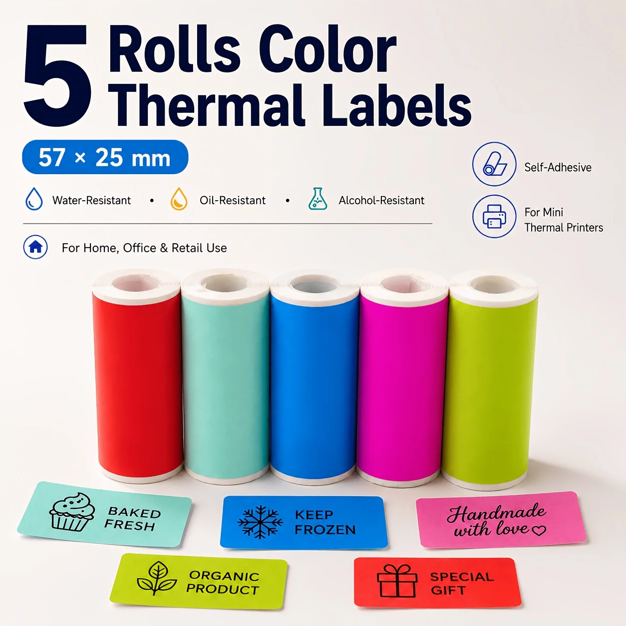 5 Color 57mm Colored Thermal Label Stickers Inkless Self Adhesive Paper Roll Compatible for Mini Printer Office Home Craft