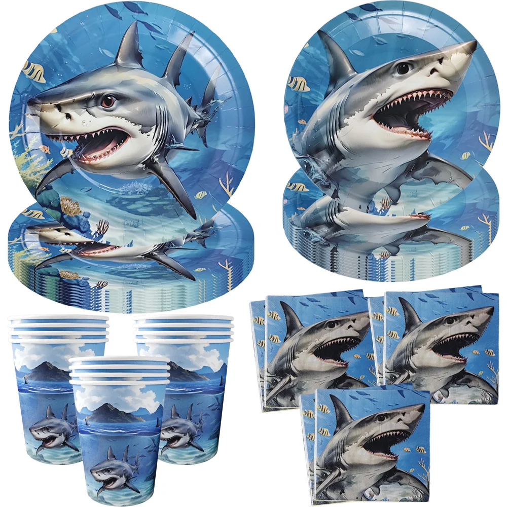 Shark Birthday Tableware Plates Napkins Cups Shark Tablecloth for Baby Shower Ocean Shark Under The Sea Theme Party Supplies