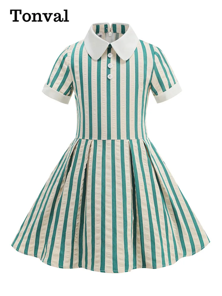 Tonval Peter-Pan Collar Buttons Front Striped Dress for Girls Vintage Style Kids Clothes Summer Party Elegant Pleated Dresses