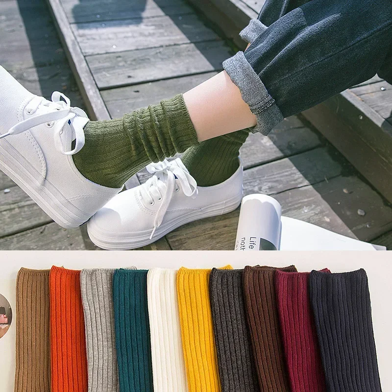 

Solid Color Harajuku Knitted Cotton Women Socks Retro Korean Vintage Streetwear Japanese Style Kawaii Cute Cotton Long Socks
