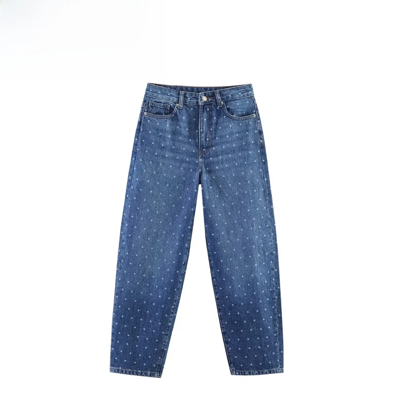 Fashionable Polka Dot Cone Shaped Jeans Women's mid Waist Zipper Natural Waist Polyester Casual Pants European Style Summer