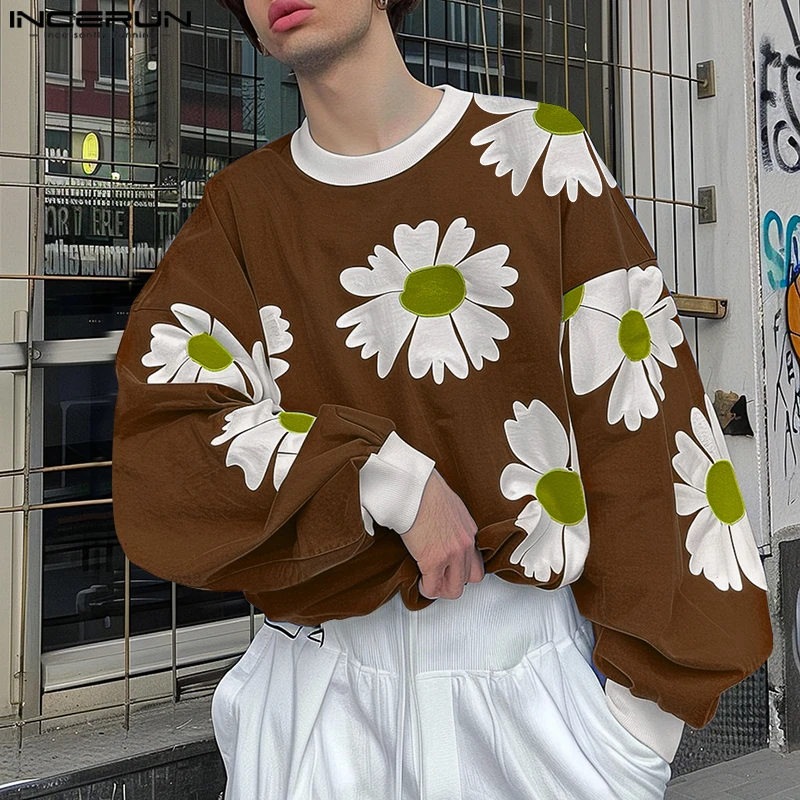 2024 Men Floral Printing Pullovers INCERUN Casual Round Neck Sweatshirts Lantern Long Sleeved Hoodies Commuting Daily Jumpers