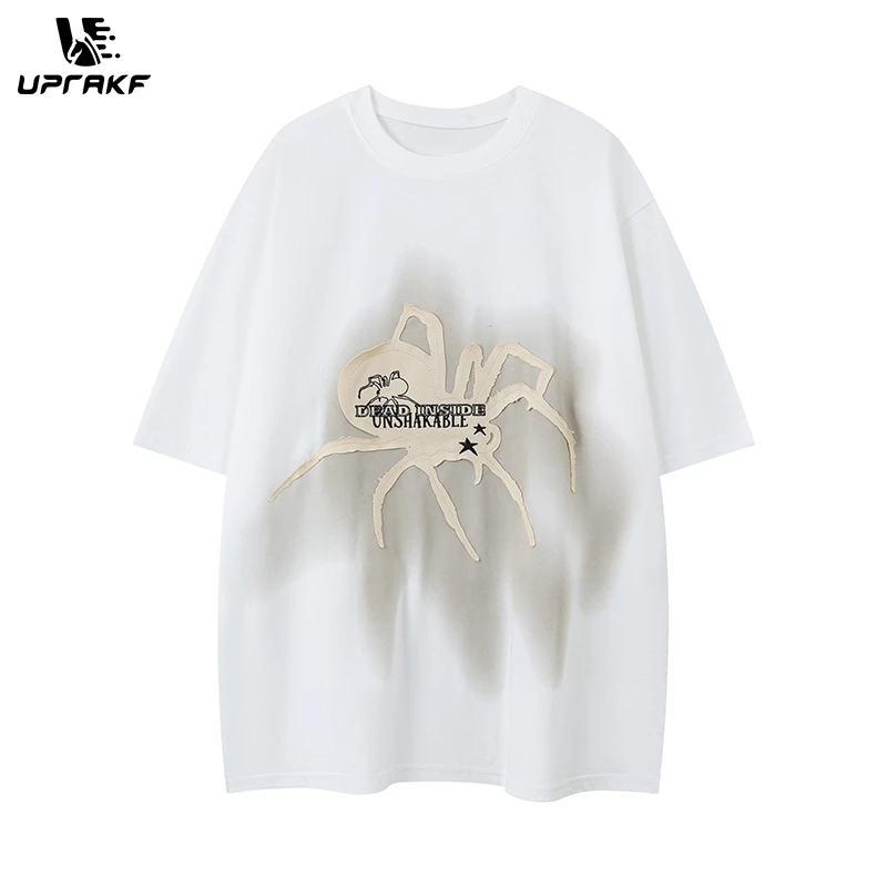 UPRAKF Streetwear T Shirts Trendy Crew Neck Spider Pattern Tee Loose Cotton Short Sleeve High Quality Casual Summer