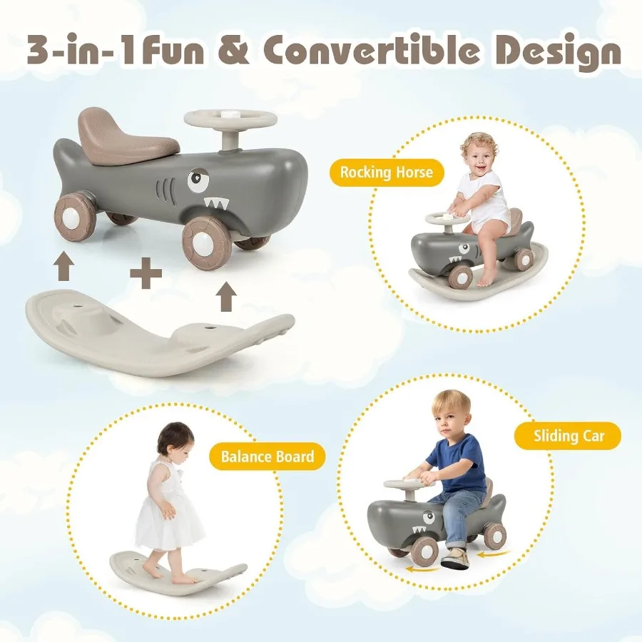 3 in 1 Rocking Horse, Ride On Push Car for Toddlers w/Detachable Balance Board, Smooth Wheels & Anti-Slip EVA Strips, Shark Rock