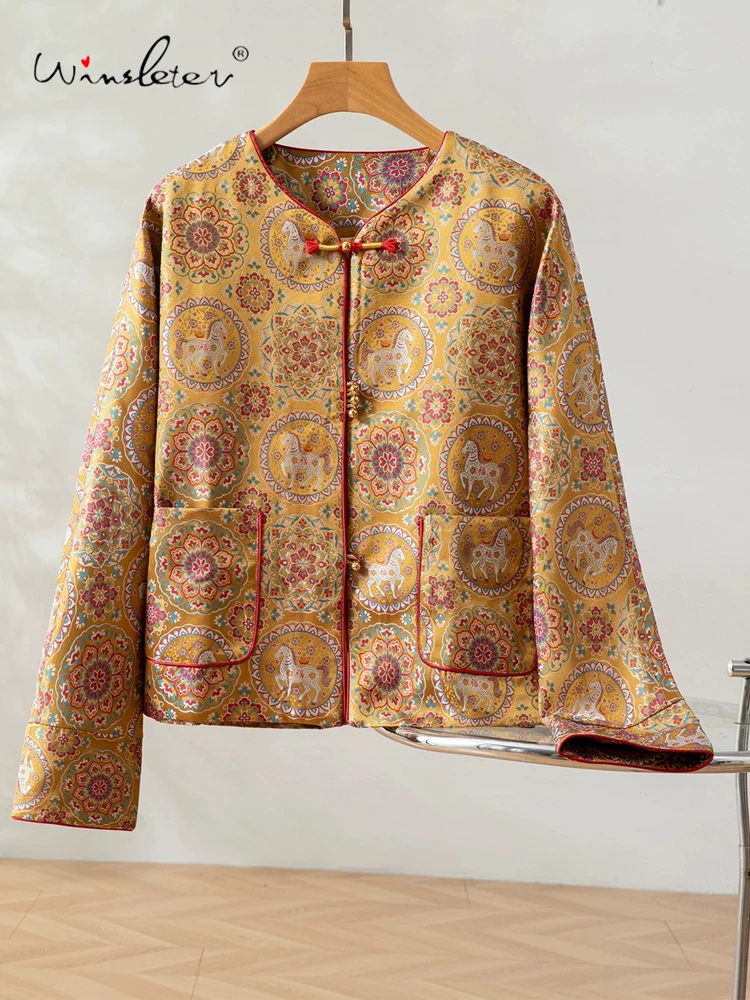 

Winsleter-100% Элегантное пальто из парчи из настоящего шелка Song, карман с круглым вырезом, женское универсальное свободное пальто для поездок на работу, новинка осени 2025 года C5N139CC