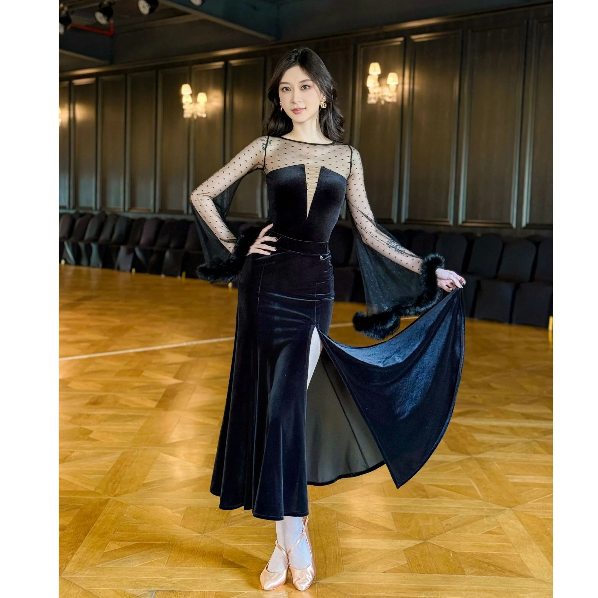 مثير قاعة الرقص القمم الغزل متوهج الأكمام أداء زي الكبار النساء ثياب الفالس الرقص الملابس ممارسة ارتداء BL14515