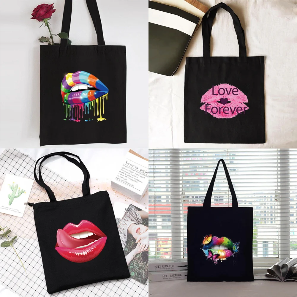 

Shopping Bag Women Canvas Shopper Shoulder Bag Eco Handbag 2022 Fashion Organizer Tote Bag Commute Grocery Bag Mouth Print