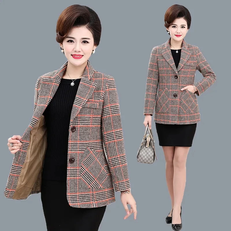 

Spring Autumn Women's Outwear Fashion New Plaid Blazer Jackets Middle-aged Women Suit Coats 5XL W882