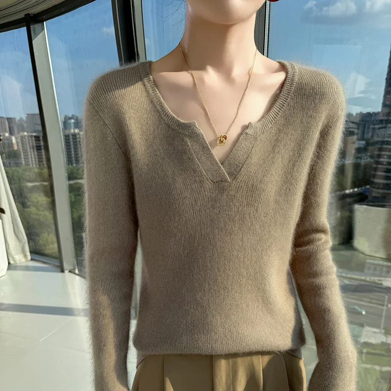 100% المنك الكشمير الخامس الرقبة المرأة البلوز سترة جديدة محبوك سليم صالح مثير الخريف والشتاء المرأة طويلة الأكمام قاعدة سترة