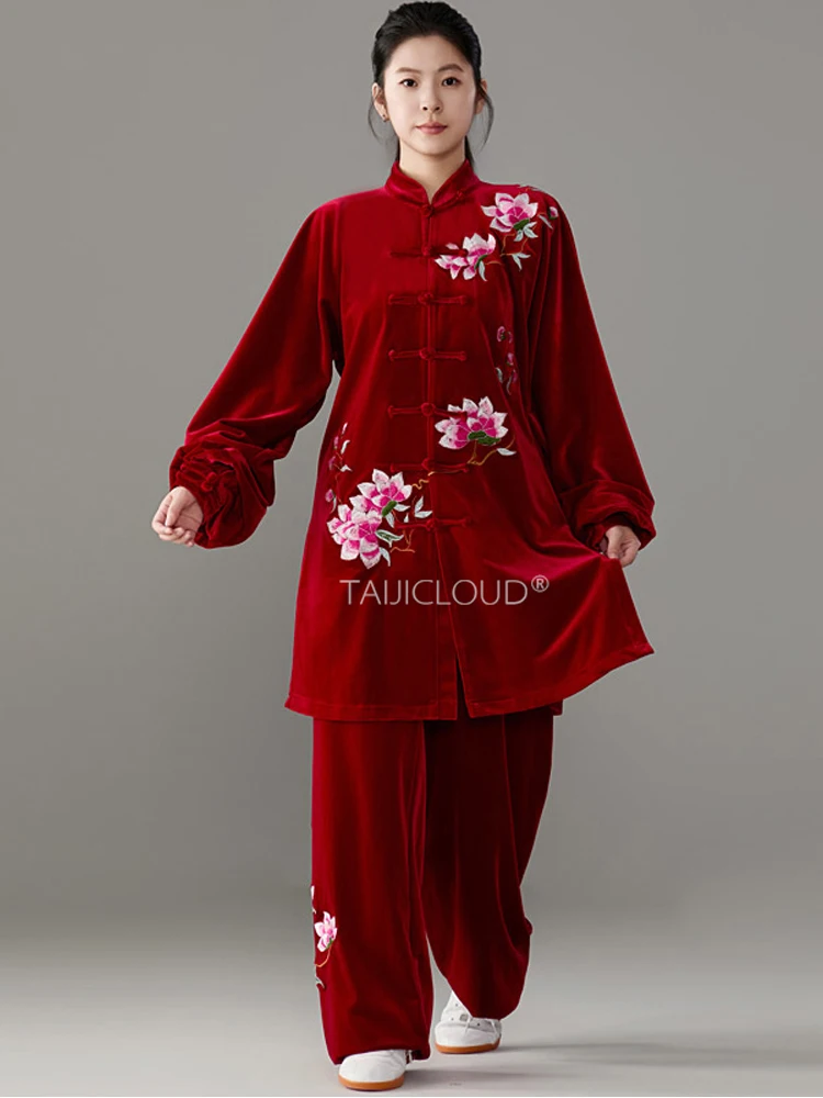 2024 Women's Velvet Tai Chi Uniform - Winter Red Embroidered Mid-Length Kung Fu Suit with Thermal Lining - Image 6