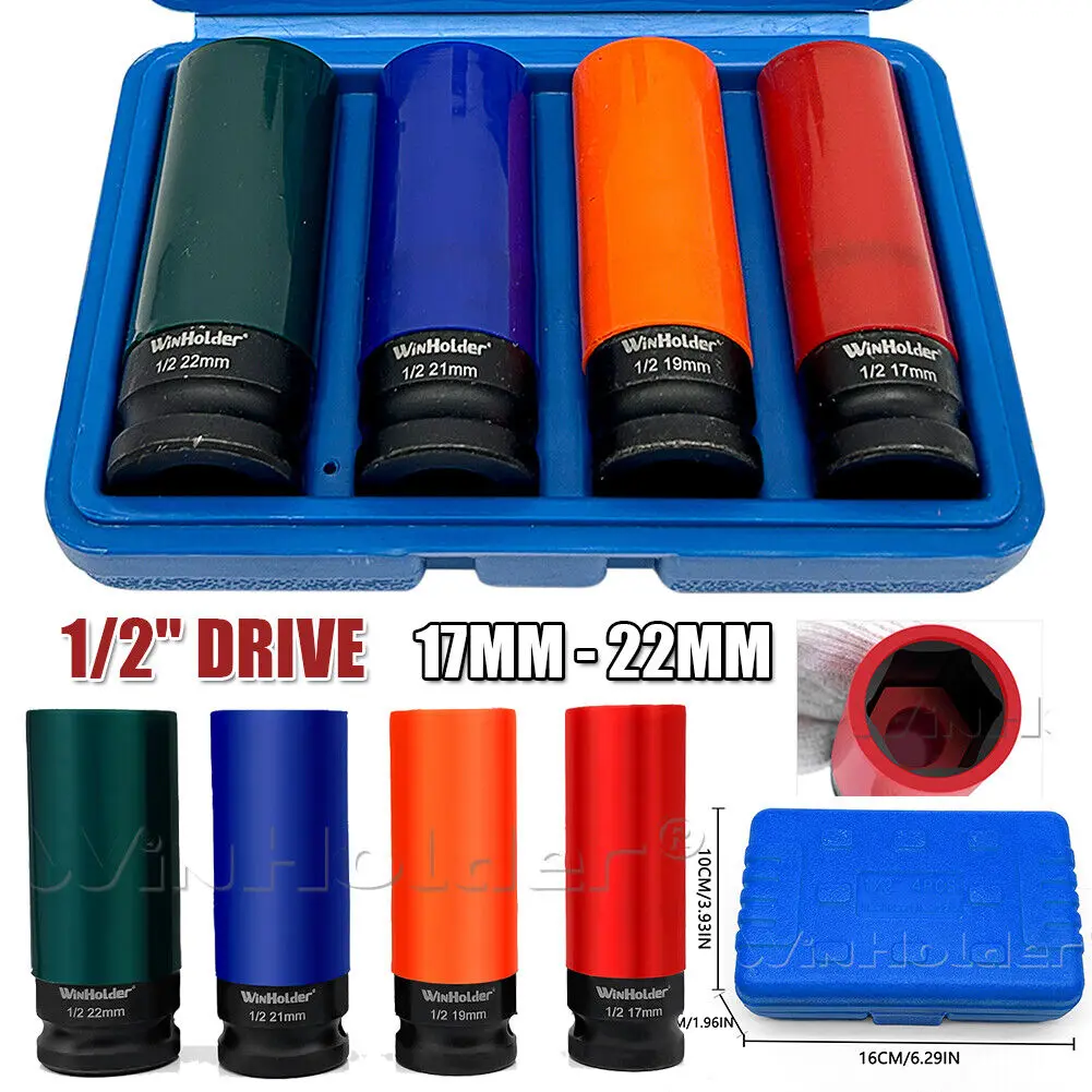 17mm 19mm 21mm 22mm Alloy Wheel Nut Thin Deep Impact Socket Tools Set 1/2