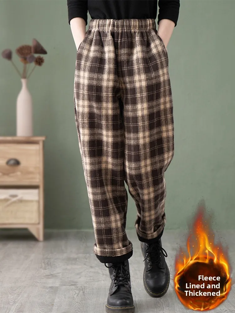 Calça harém de lã feminina casual brued fce xadrez cenoura calças de cintura alta coreano sle commute vento calças compridas