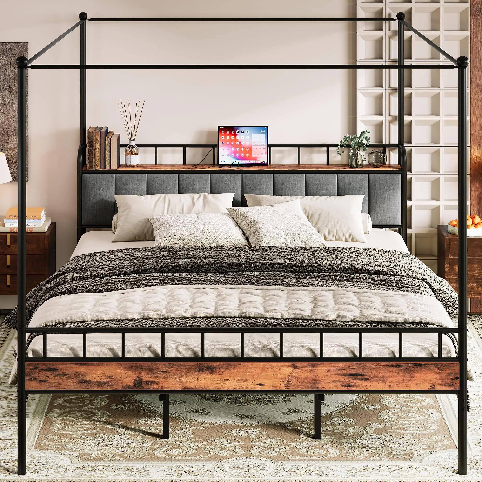 

King Canopy Bed Frame With Storage Headboard And Charging Station, Industrial Metal Platform Bed, No Box Spring Needed