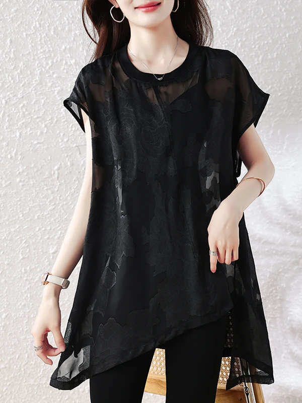 

Slimming Effect Summer New Large Size Women's T-shirt Translucent Loose Fit Anti-Aging Floral Embroidery Casual Shirt