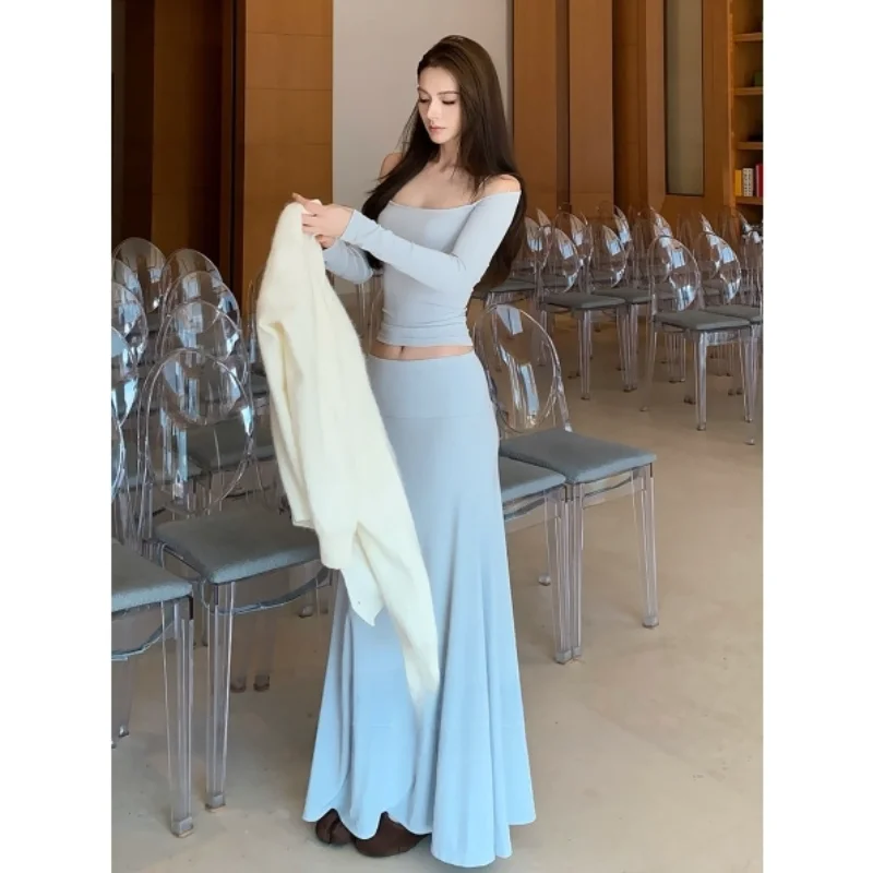 

Blue Elegance f-length Skirt Set Women's Spring New Small Size One-oulder Top Faionable Casual Sle Polyester Fiber