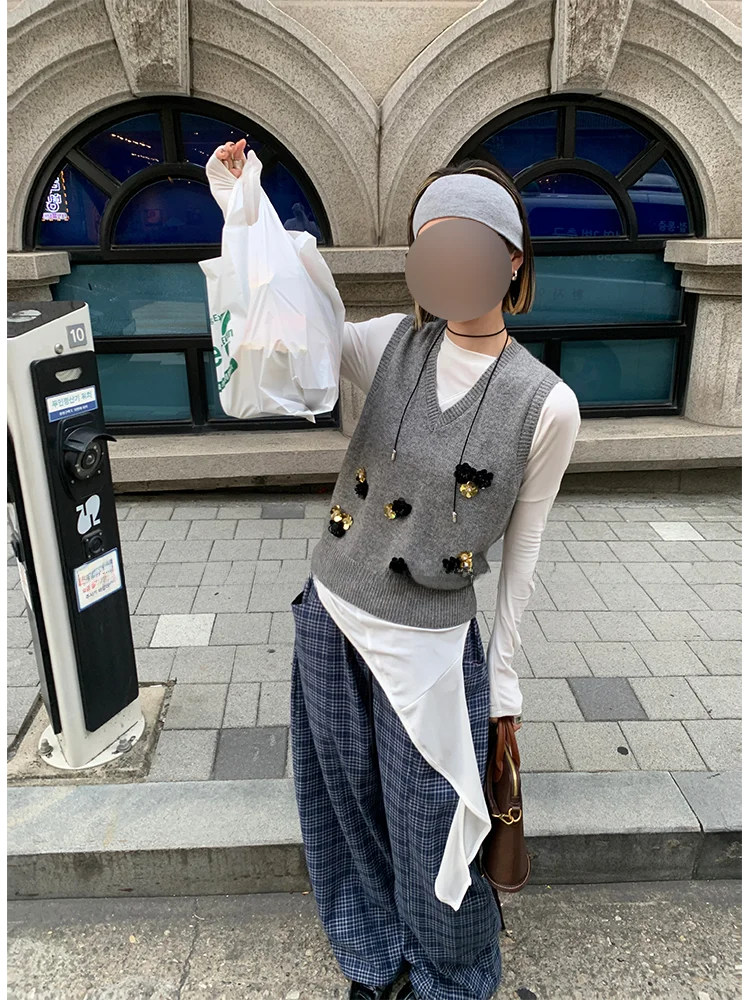 

Женский винтажный шерстяной жилет MONA 33 с V-образным вырезом, маленький размер, новинка ранней осени, многослойный, повседневный, свободного кроя, стандартной длины