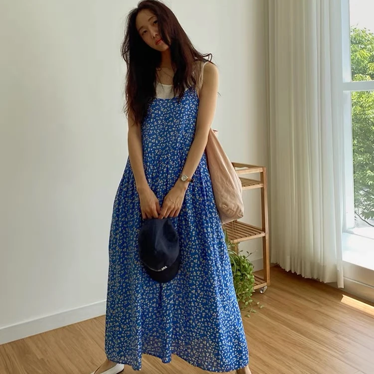Summer New Women's Dress Cute Flower Print Sleeveless A-Line Long Dress Citywalk Casual Other Material 100% Three-Quarter Sleeve