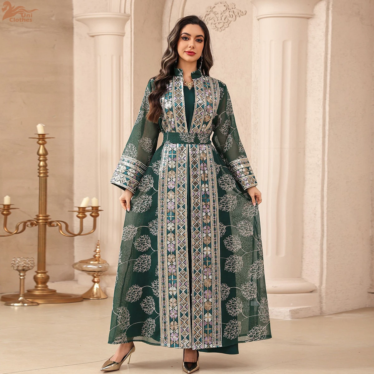 

Zahraa Fashion Embroidery Maxi Abayas Belt included Dubai Sequins Patchwork Belted Kaftan Two-Piece Set