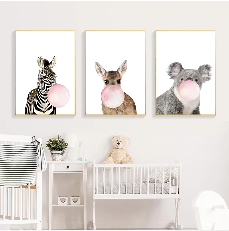 Bubble Chewing Gum Giraffe Zebra Animal Posters Canvas Art Painting Wall Art Nursery Decorative Picture Nordic Style Kids Decor