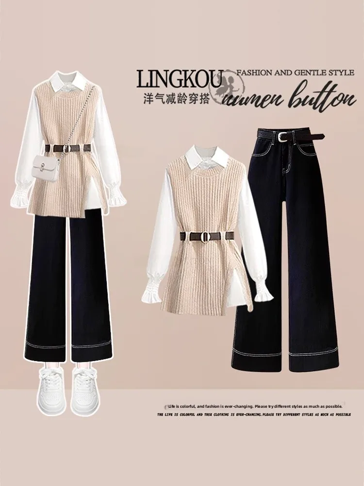 

Комплект из трех предметов: вязаный жилет большого размера для женщин, джинсы прямого кроя и футболка с длинным рукавом. Модный осенний комплект.