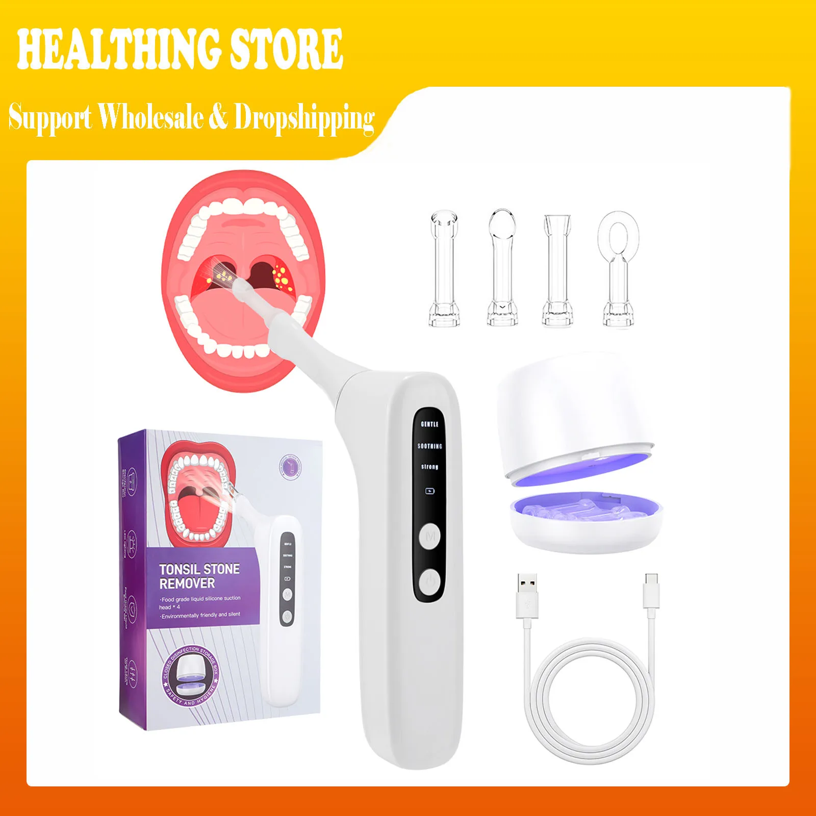 

Electronic Tonsil Stone Extractor with 4 Suction Tips 3-Level Oral Care UV Disinfection for Home Use Dental Cleaning Tool