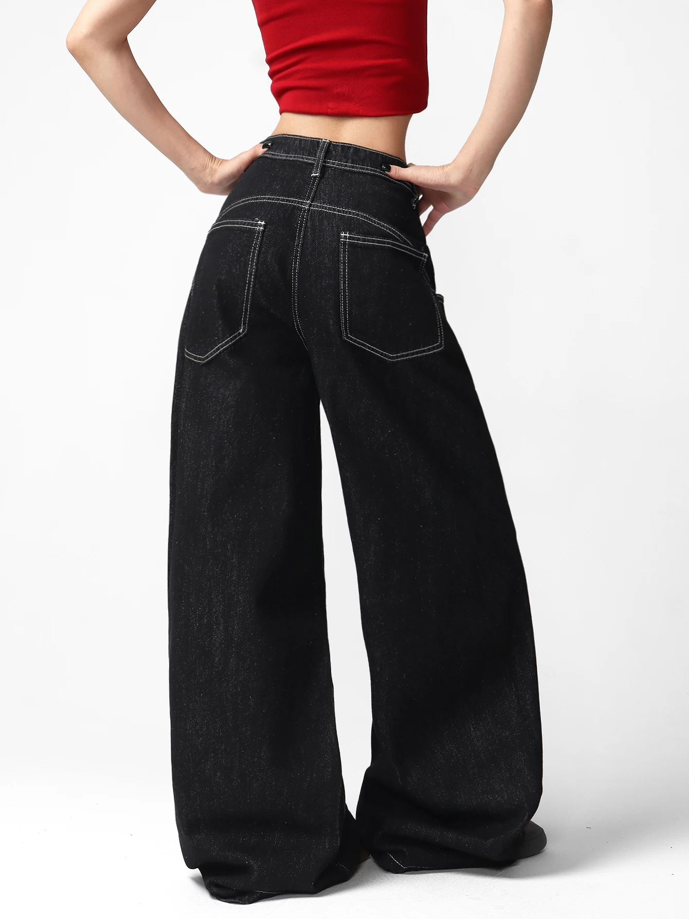Women Wide Leg Jeans Street Trip Solid Plain Punk High Street High Waist Floor Length Black Raw With Multi Metal Front Buckles
