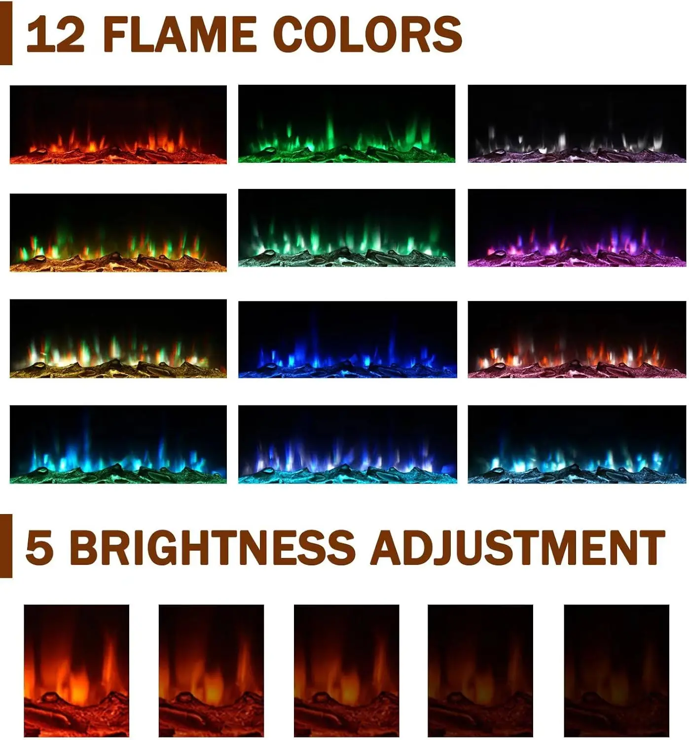 Inserti per camino elettrico Riscaldatore indipendente per camino galleggiante del soggiorno con 12 colori LED con tronchi e pietre