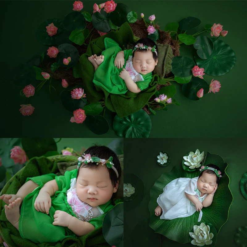 Pakaian properti fotografi bayi perempuan, gaun hiasan kepala Aksesori Lotus Prop gaya kecil segar foto kreatif bayi