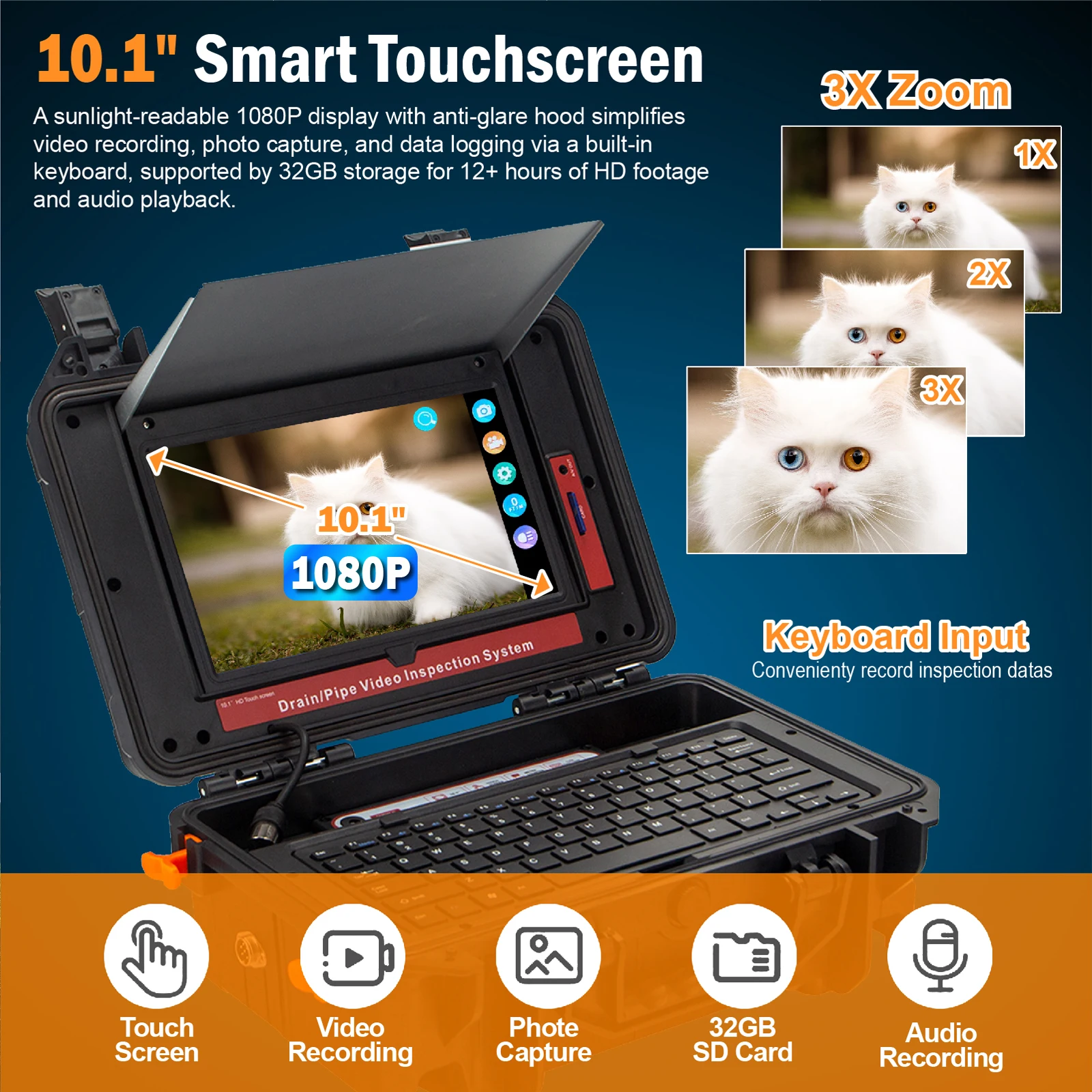 Pipe Inspection Camera & Sewer Camera with 512HZ Locator Self-Leveling Distanc Counter 7mm Cable 10.1in HD Screen & keyboard