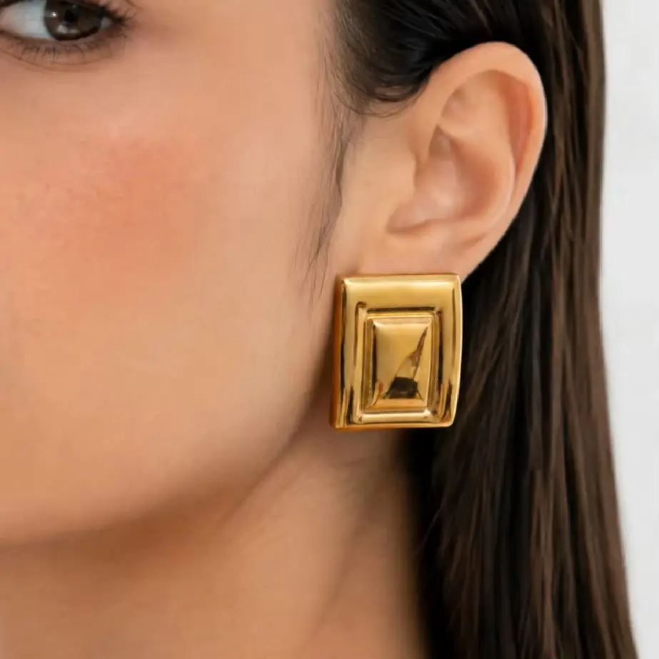 KunJoe Retro Stainless Steel Square Waterproof Stud Earring Women 18K Gold Plated Geometric Hypoallergenic Earring Daily Jewelry