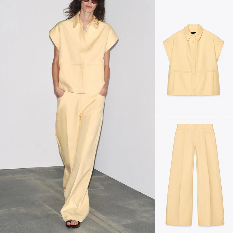 

Свободный жилет из смеси хлопка с драпировкой и широкими брюками, длинный летний комплект Faion для женщин