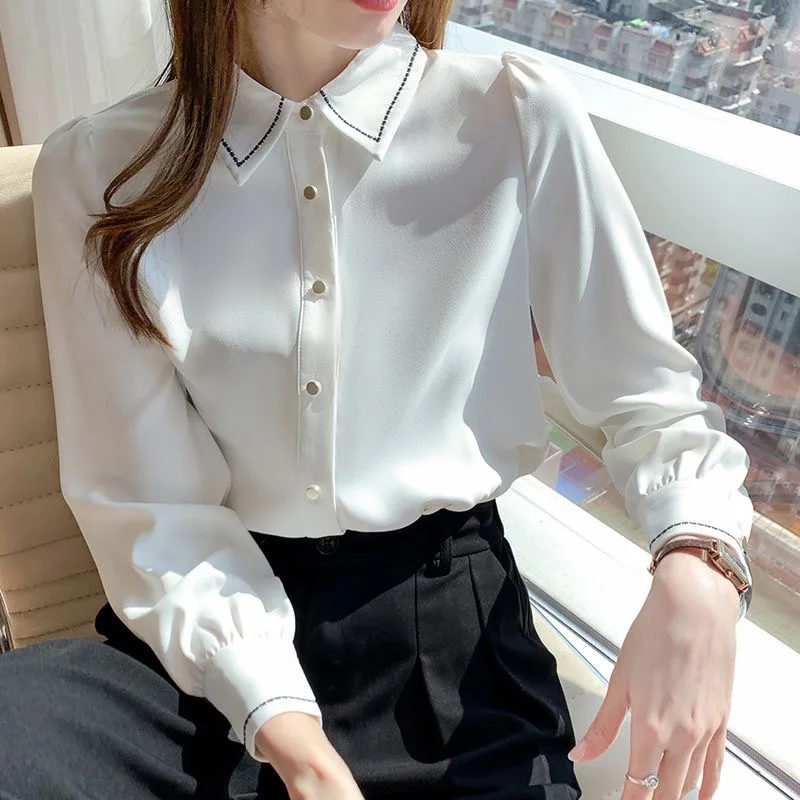 Women Spring Autumn Style Blouses Shirts Lady Casual Long Sleeve Turn-down Collar Solid Color Blusas Tops DF4959