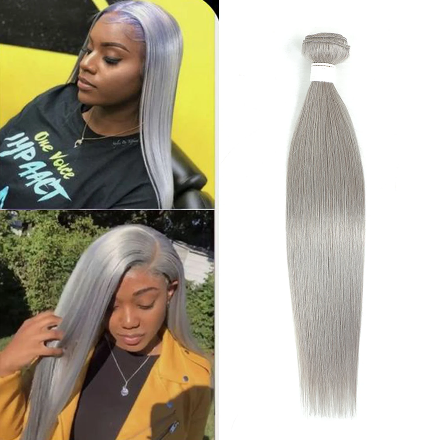 Brazilian Hair Weave Bundles Silver Grey Color Hair Bundles Straight Human Hair Extension Pre-Colored Remy Hair Weave 1/3/4 PCS